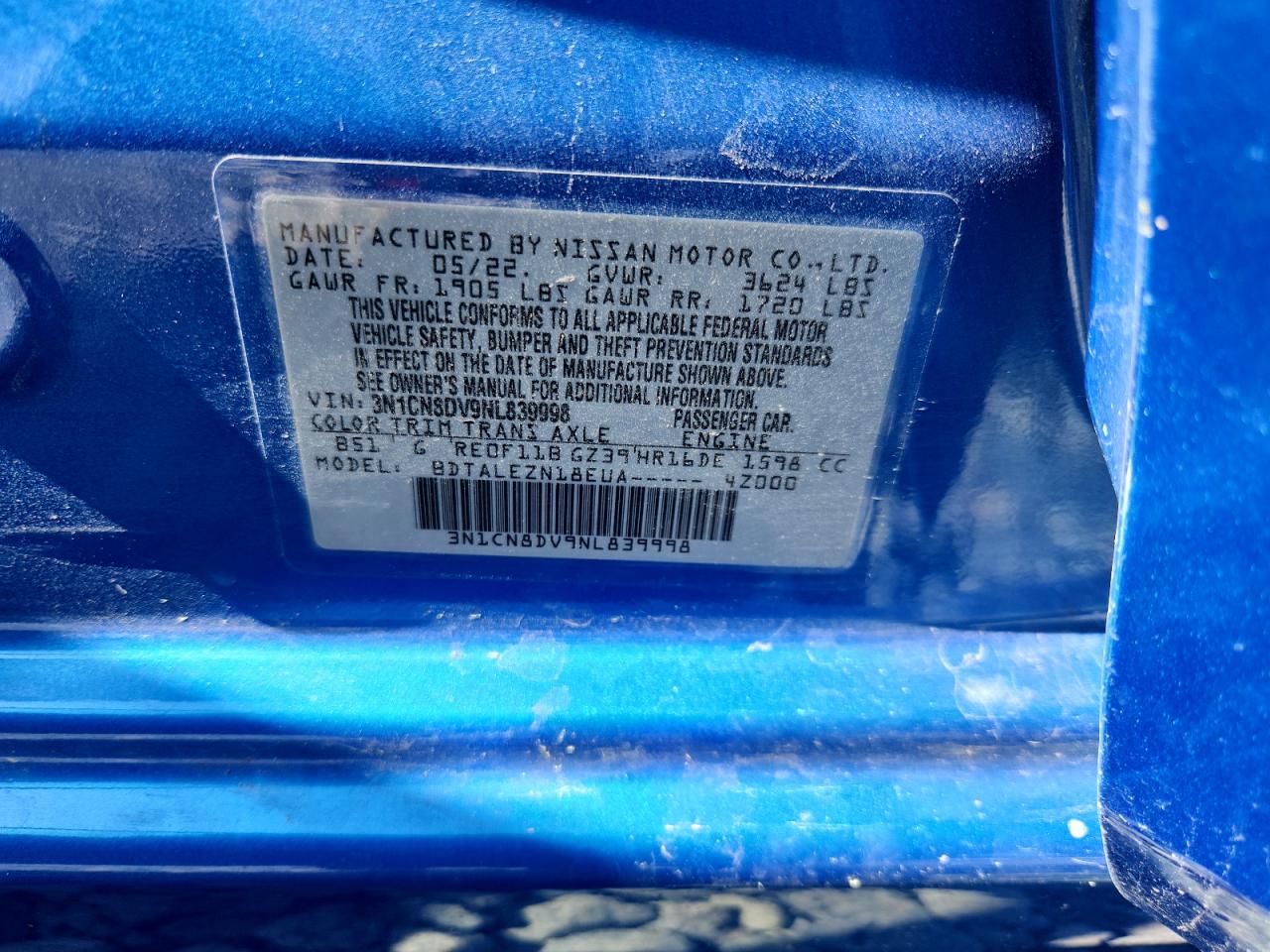 2022 Nissan Versa S VIN: 3N1CN8DV9NL839998 Lot: 71730655