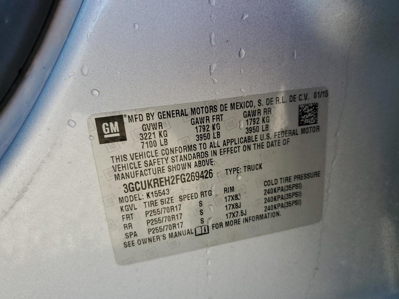 2015 Chevrolet Silverado K1500 Lt VIN: 3GCUKREH2FG269426 Lot: 81388185