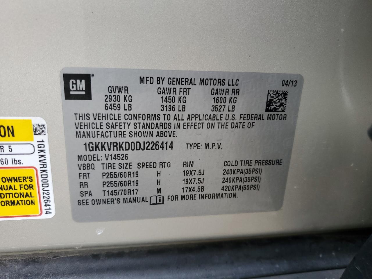2013 GMC Acadia Slt-1 VIN: 1GKKVRKD0DJ226414 Lot: 82116025
