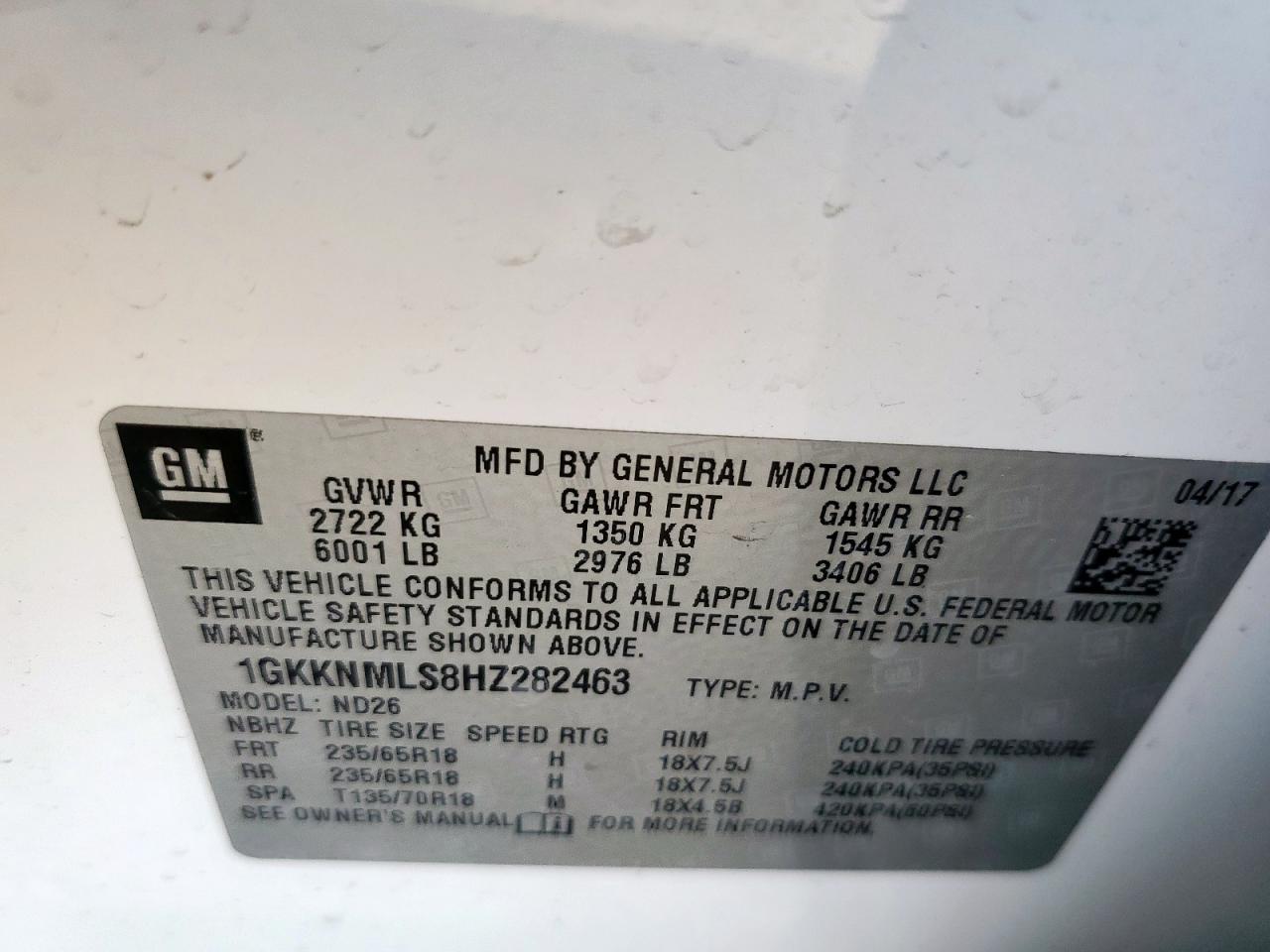 2017 GMC Acadia Slt-1 VIN: 1GKKNMLS8HZ282463 Lot: 80573355