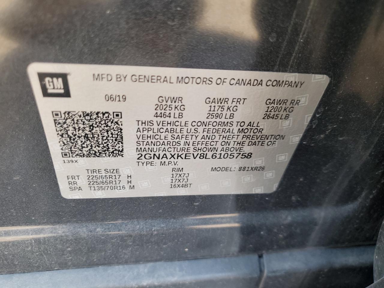 2020 Chevrolet Equinox Lt VIN: 2GNAXKEV8L6105758 Lot: 71989755