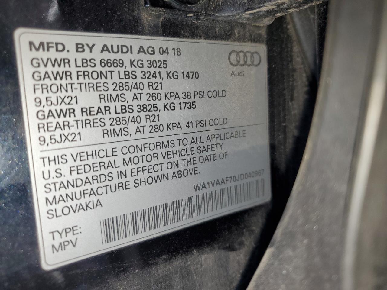 2018 Audi Q7 Prestige VIN: WA1VAAF70JD040967 Lot: 71030165