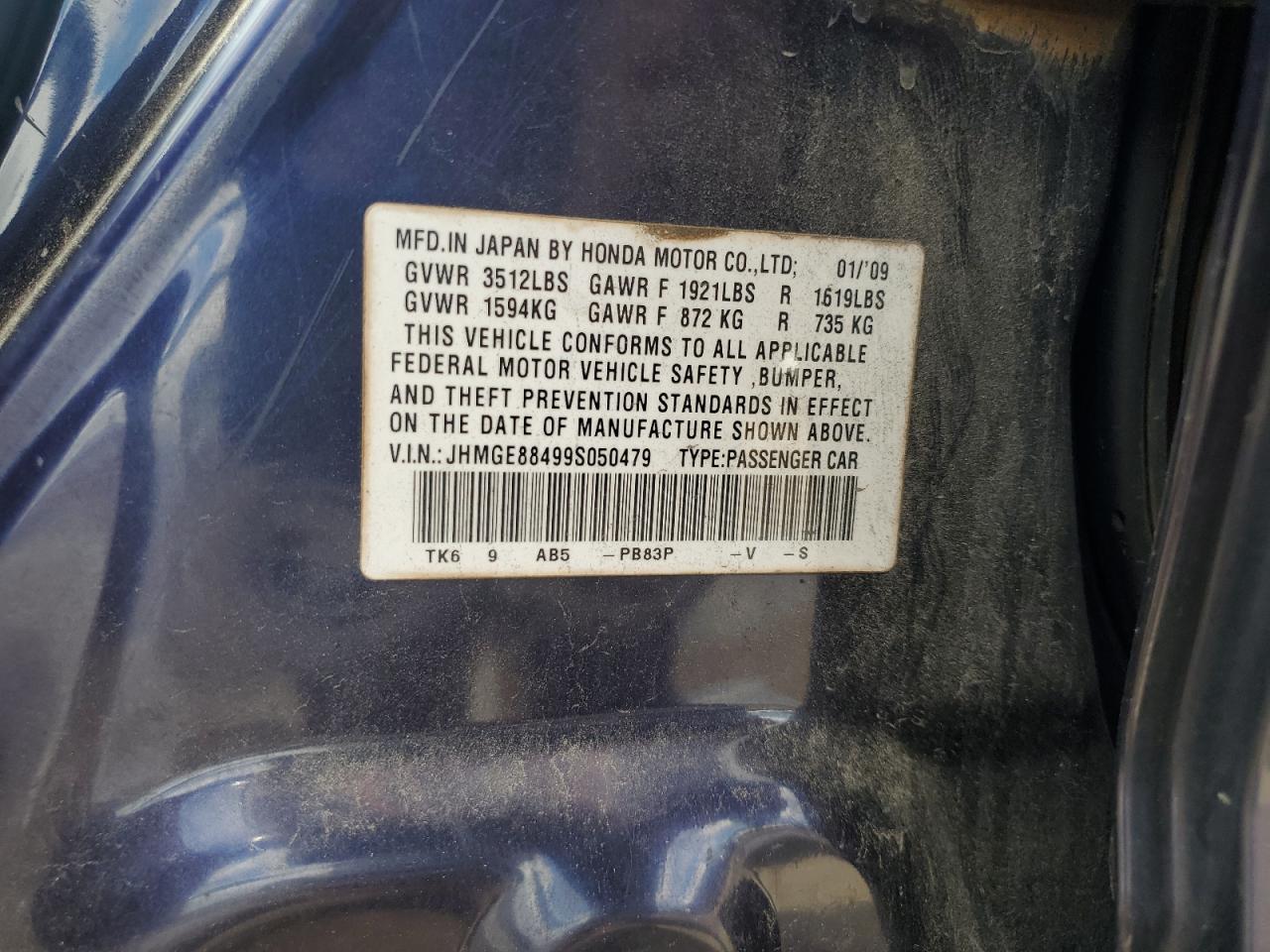 2009 Honda Fit Sport VIN: JHMGE88499S050479 Lot: 83843305