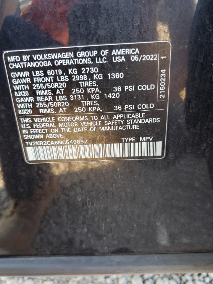 2022 Volkswagen Atlas Se VIN: 1V2KR2CA6NC549897 Lot: 81180155