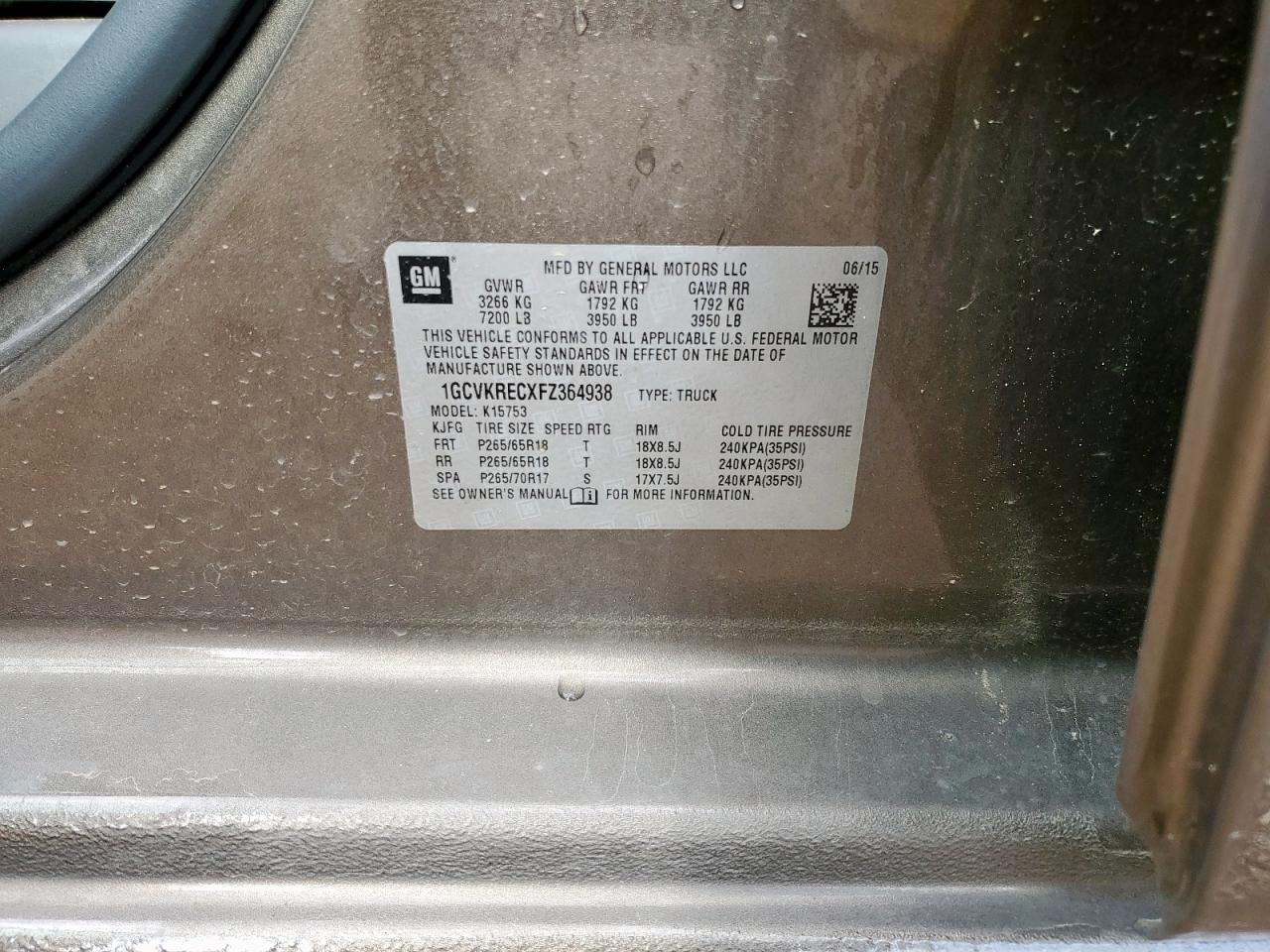 2015 Chevrolet Silverado K1500 Lt VIN: 1GCVKRECXFZ364938 Lot: 72020295