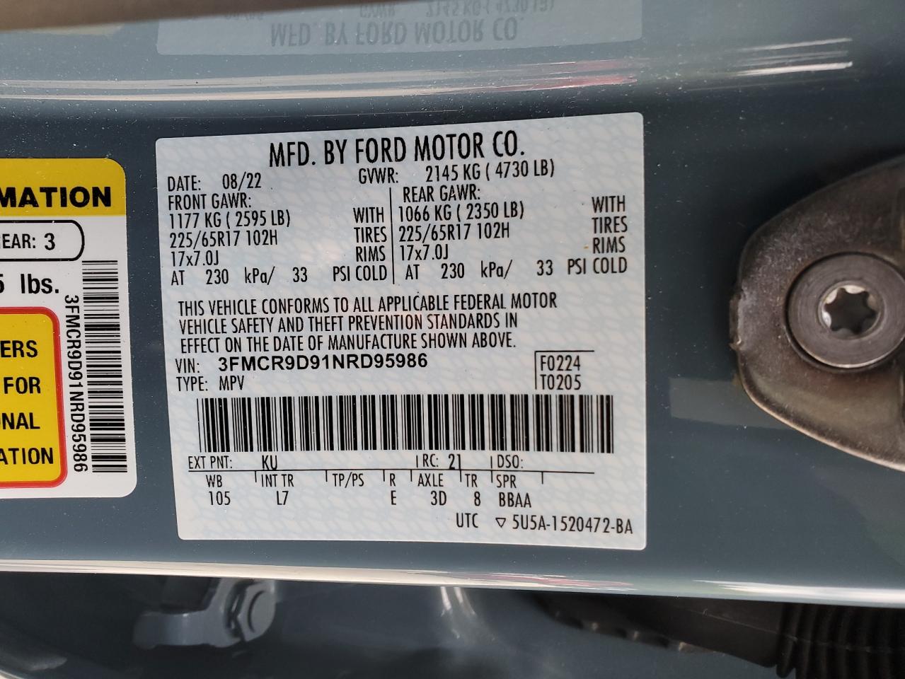 2022 Ford Bronco Sport Badlands VIN: 3FMCR9D91NRD95986 Lot: 71091215