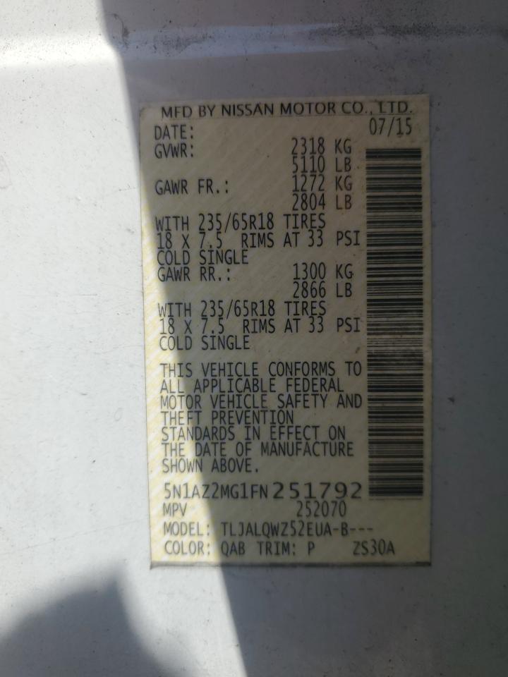 2015 Nissan Murano S VIN: 5N1AZ2MG1FN251792 Lot: 71641515