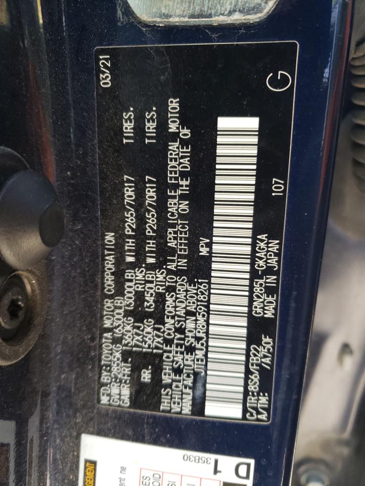 2021 Toyota 4Runner Sr5/Sr5 Premium VIN: JTEMU5JR8M5918261 Lot: 80294355