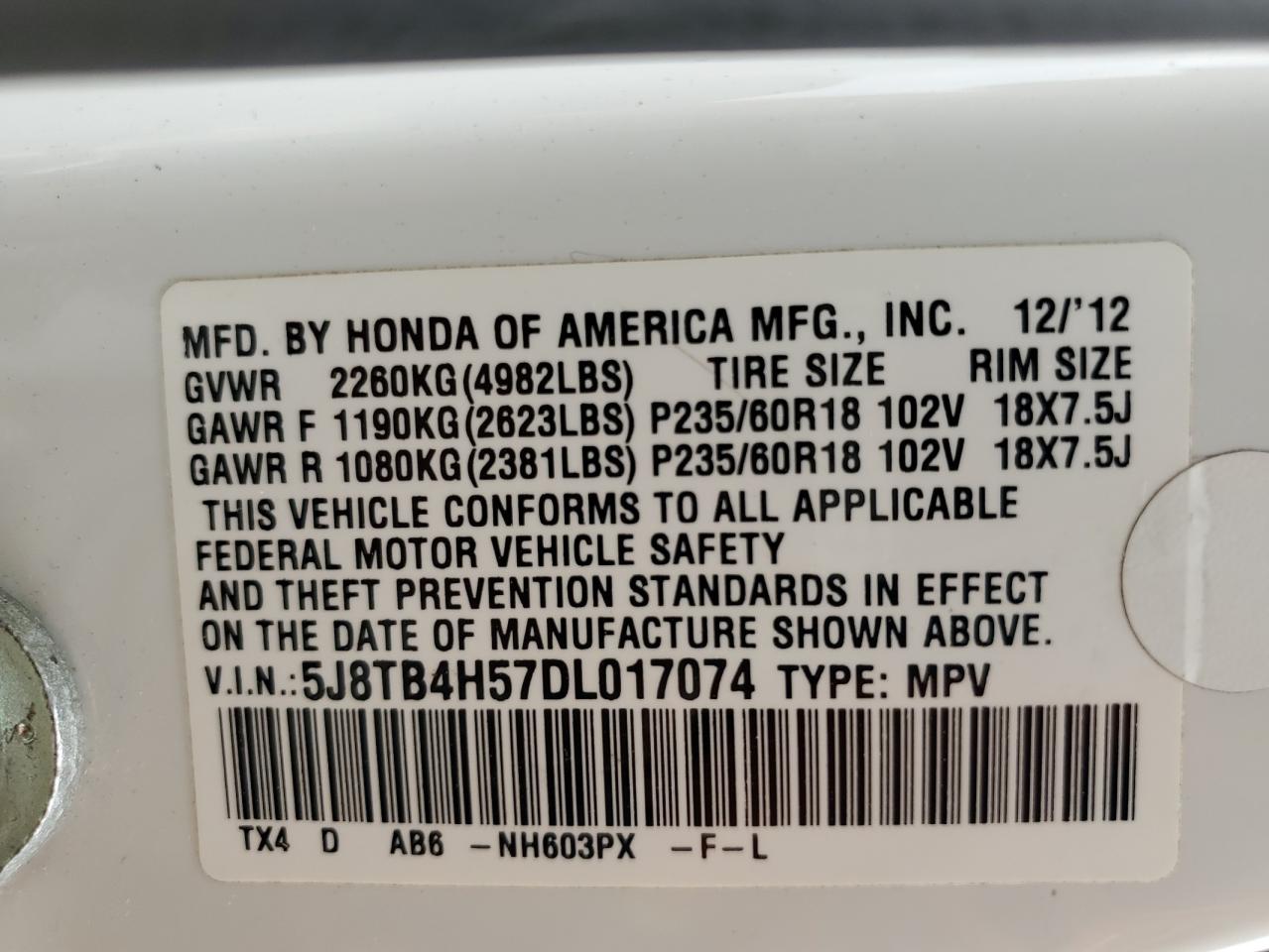 2013 Acura Rdx Technology VIN: 5J8TB4H57DL017074 Lot: 81610065