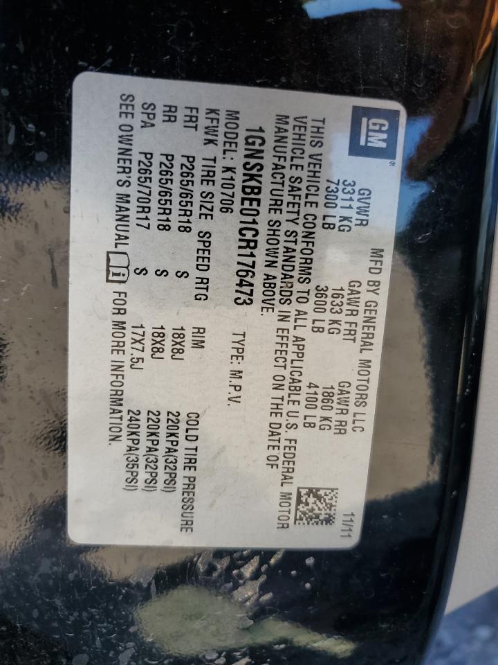 2012 Chevrolet Tahoe K1500 Lt VIN: 1GNSKBE01CR176473 Lot: 72090565