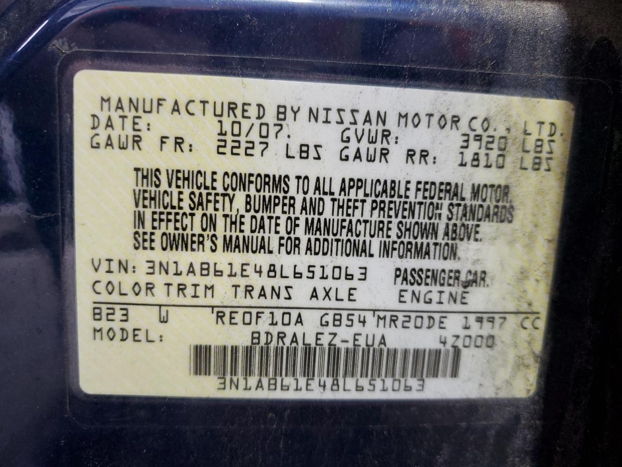 2008 Nissan Sentra 2.0 VIN: 3N1AB61E48L651063 Lot: 80249185