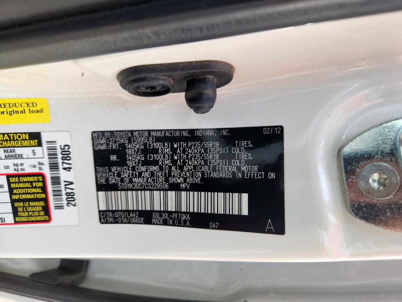 2012 Toyota Sienna Xle VIN: 5TDYK3DC7CS229506 Lot: 81596045