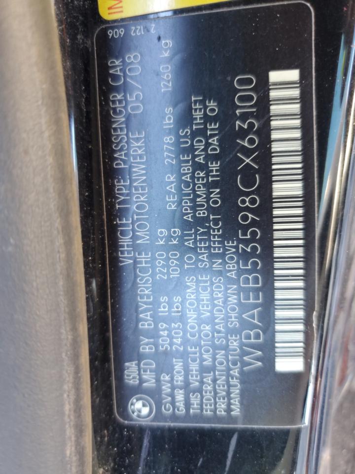 2008 BMW 650 I VIN: WBAEB53598CX63100 Lot: 81917185