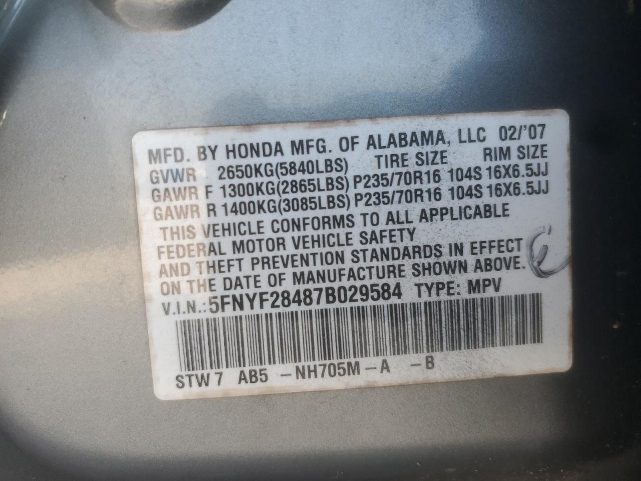 2007 Honda Pilot Ex VIN: 5FNYF28487B029584 Lot: 81162345
