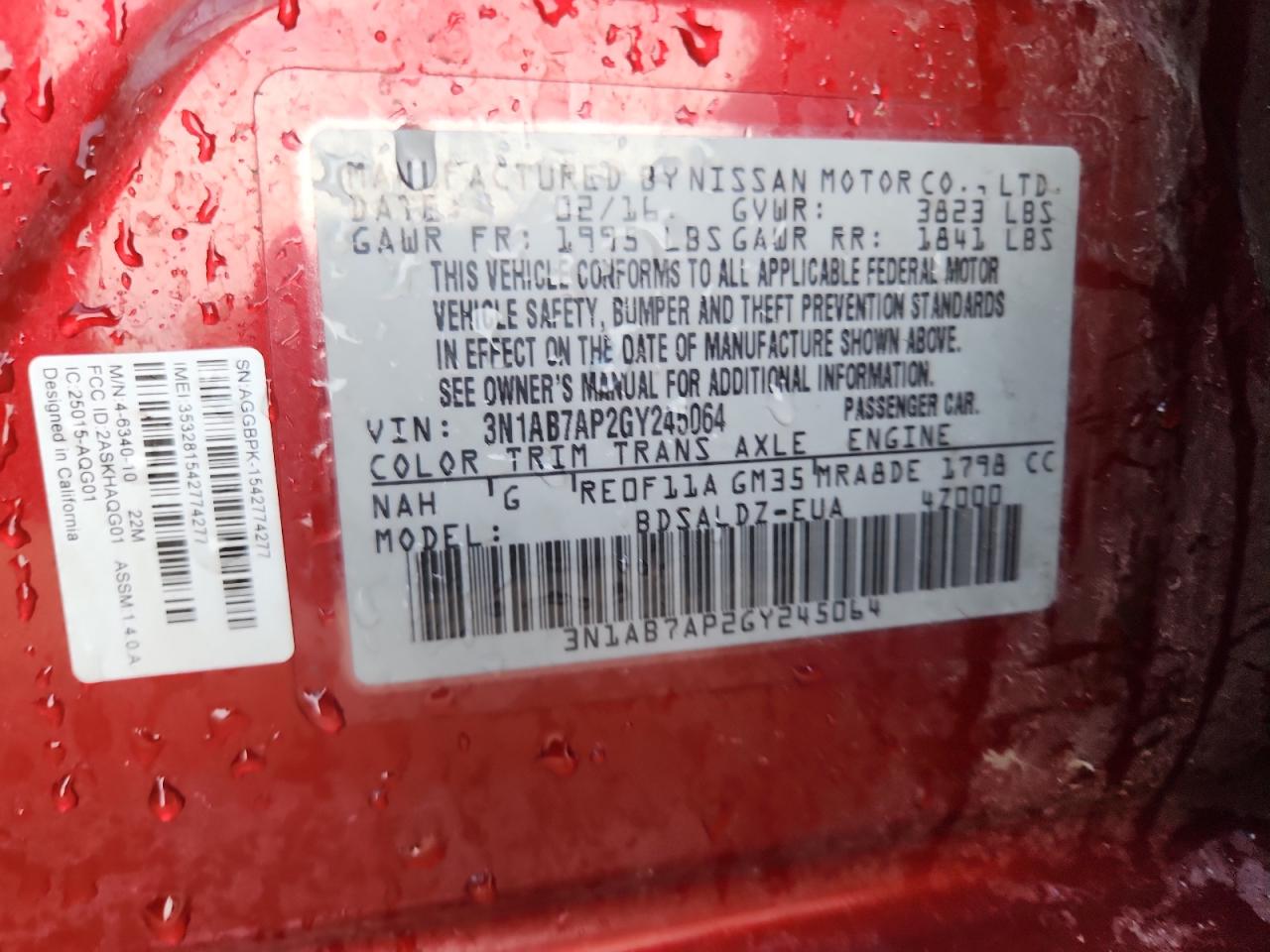 2016 Nissan Sentra S VIN: 3N1AB7AP2GY245064 Lot: 81115245