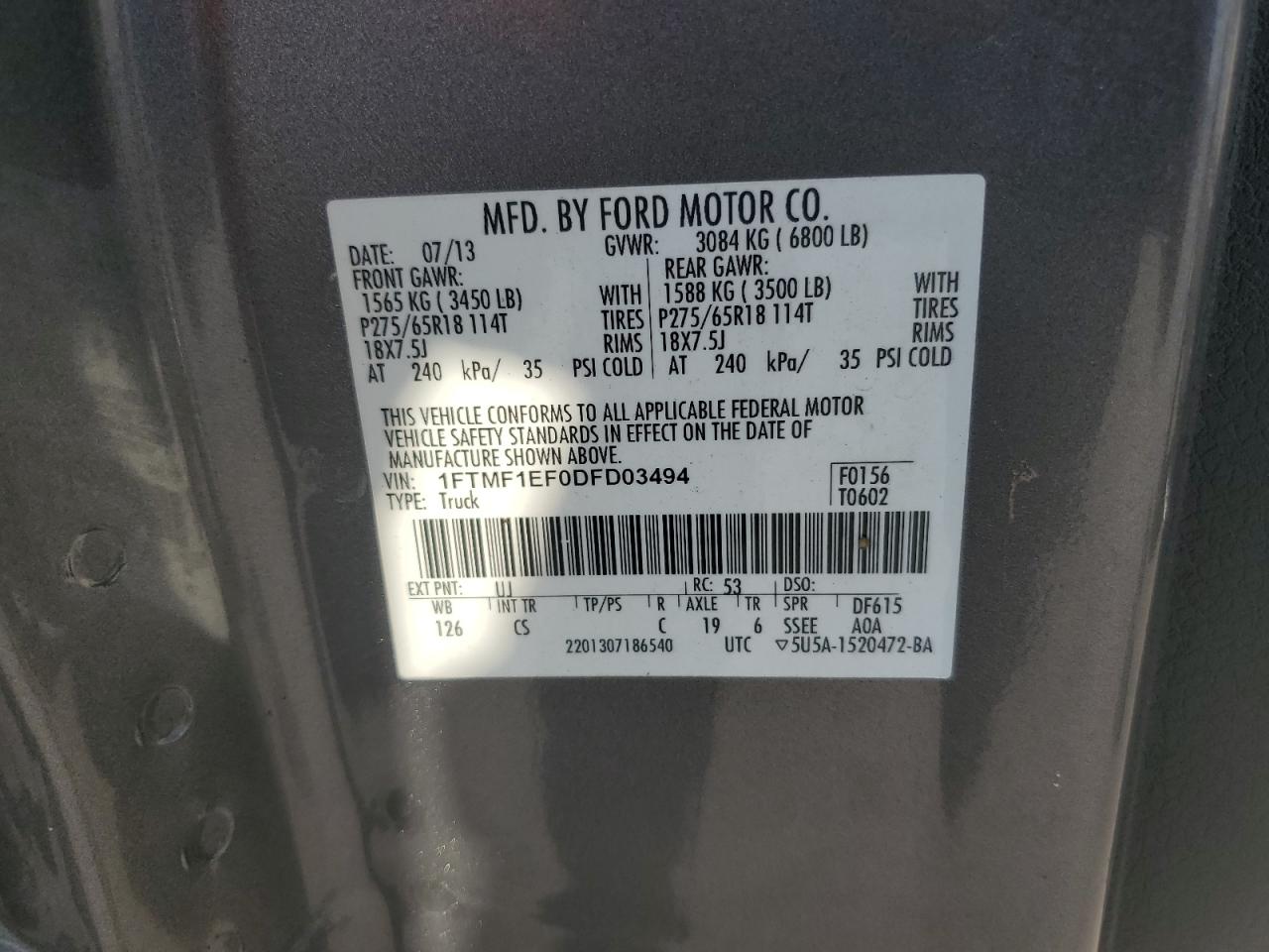 2013 Ford F150 VIN: 1FTMF1EF0DFD03494 Lot: 84658075