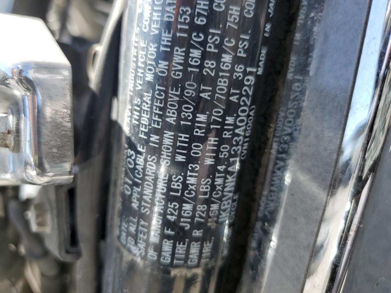 2003 Kawasaki Vn1600 A1 VIN: JKBVNKA133A002291 Lot: 81147075