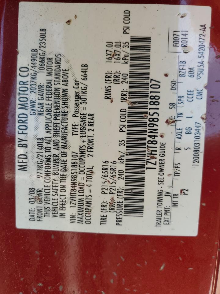 2008 Ford Mustang VIN: 1ZVHT84N985188107 Lot: 81092035