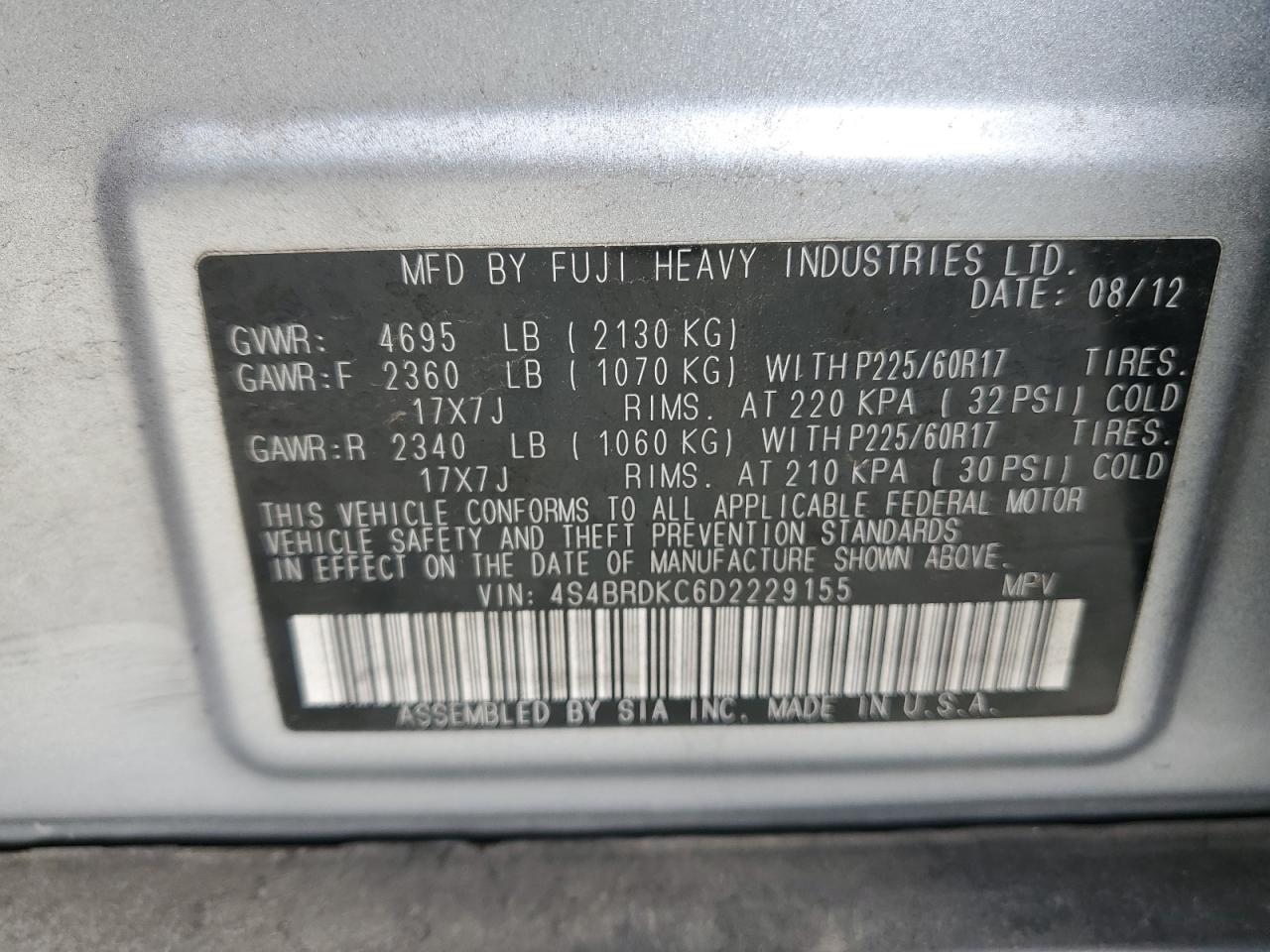 2013 Subaru Outback 3.6R Limited VIN: 4S4BRDKC6D2229155 Lot: 84051925