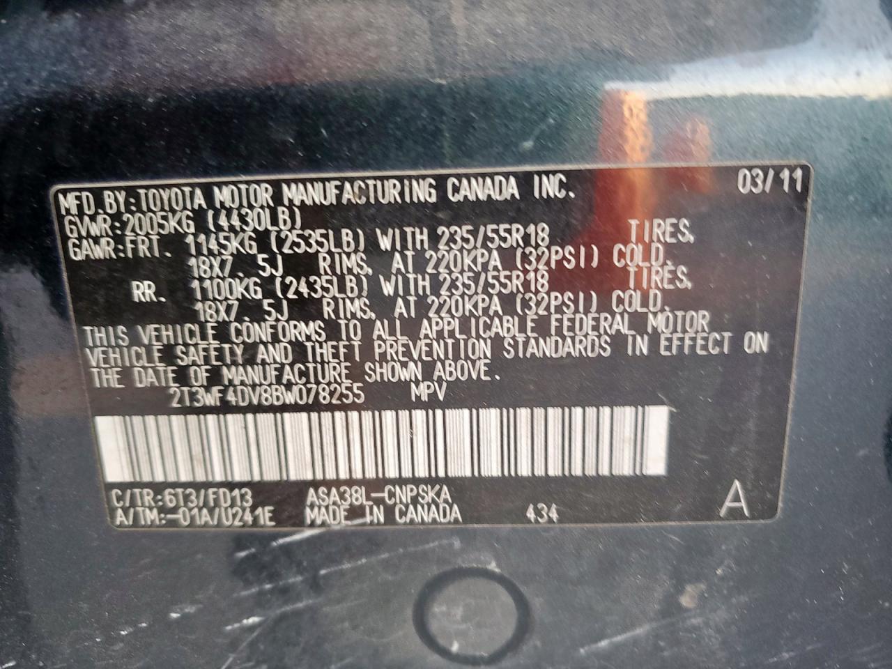 2011 Toyota Rav4 Sport VIN: 2T3WF4DV8BW078255 Lot: 71819775