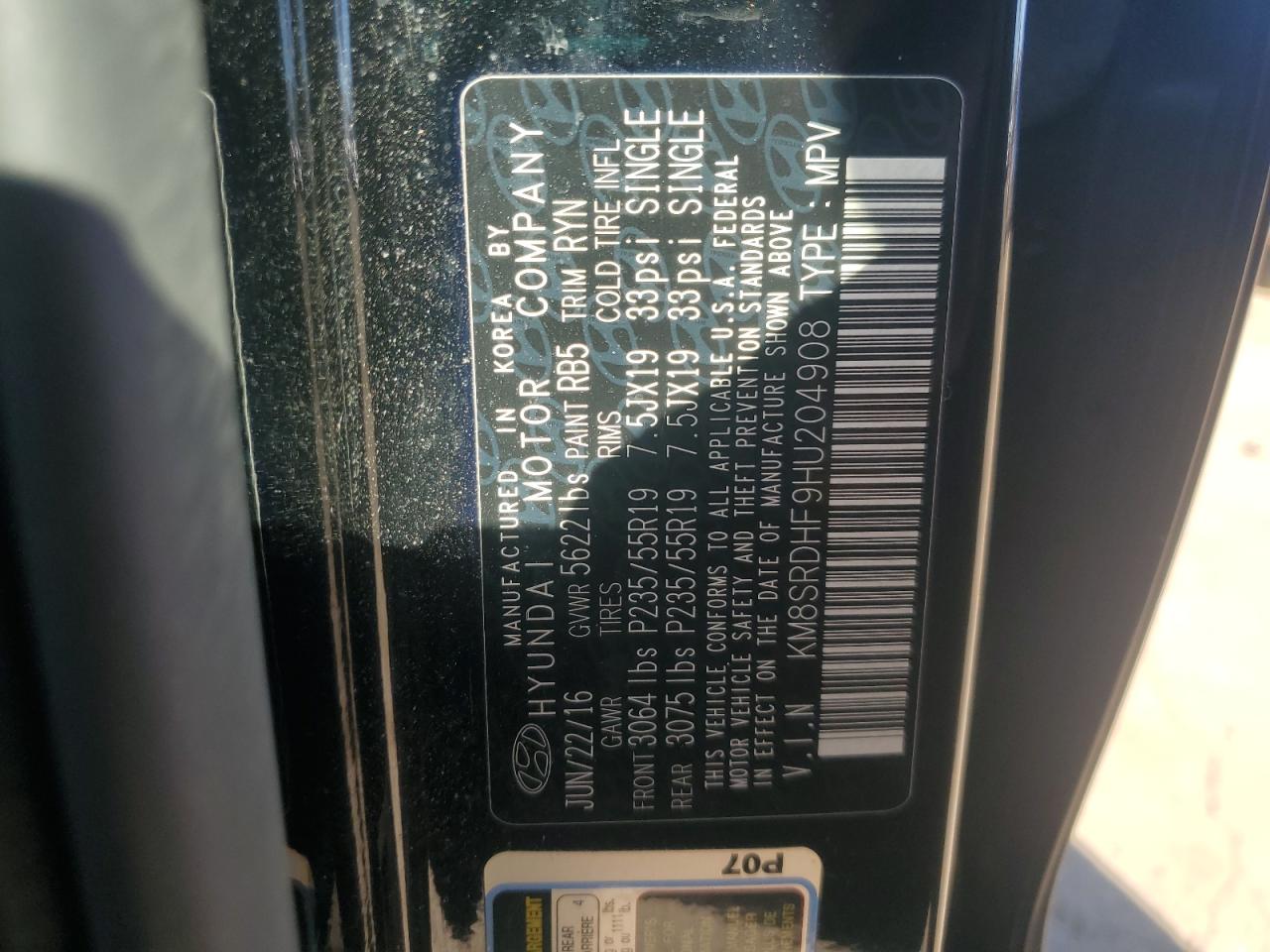 2017 Hyundai Santa Fe Se Ultimate VIN: KM8SRDHF9HU204908 Lot: 84879375