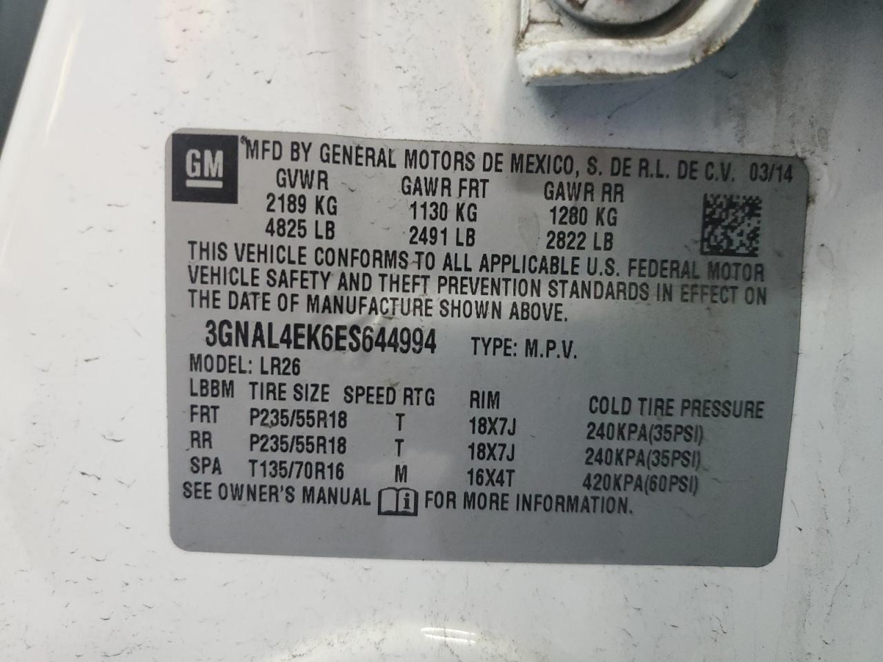 2014 Chevrolet Captiva Ltz VIN: 3GNAL4EK6ES644994 Lot: 84432065