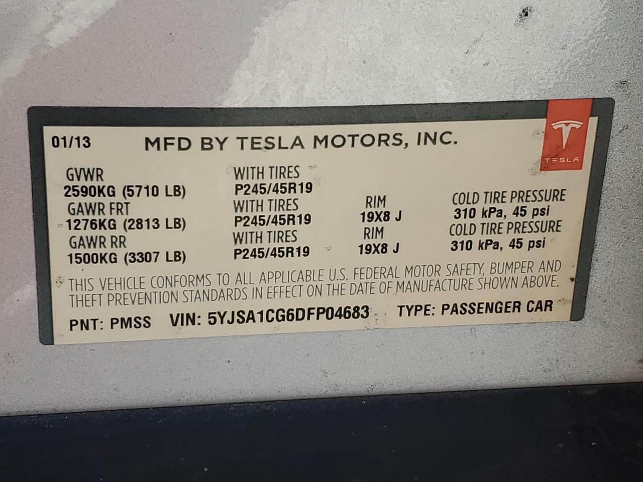 2013 Tesla Model S VIN: 5YJSA1CG6DFP04683 Lot: 80839615