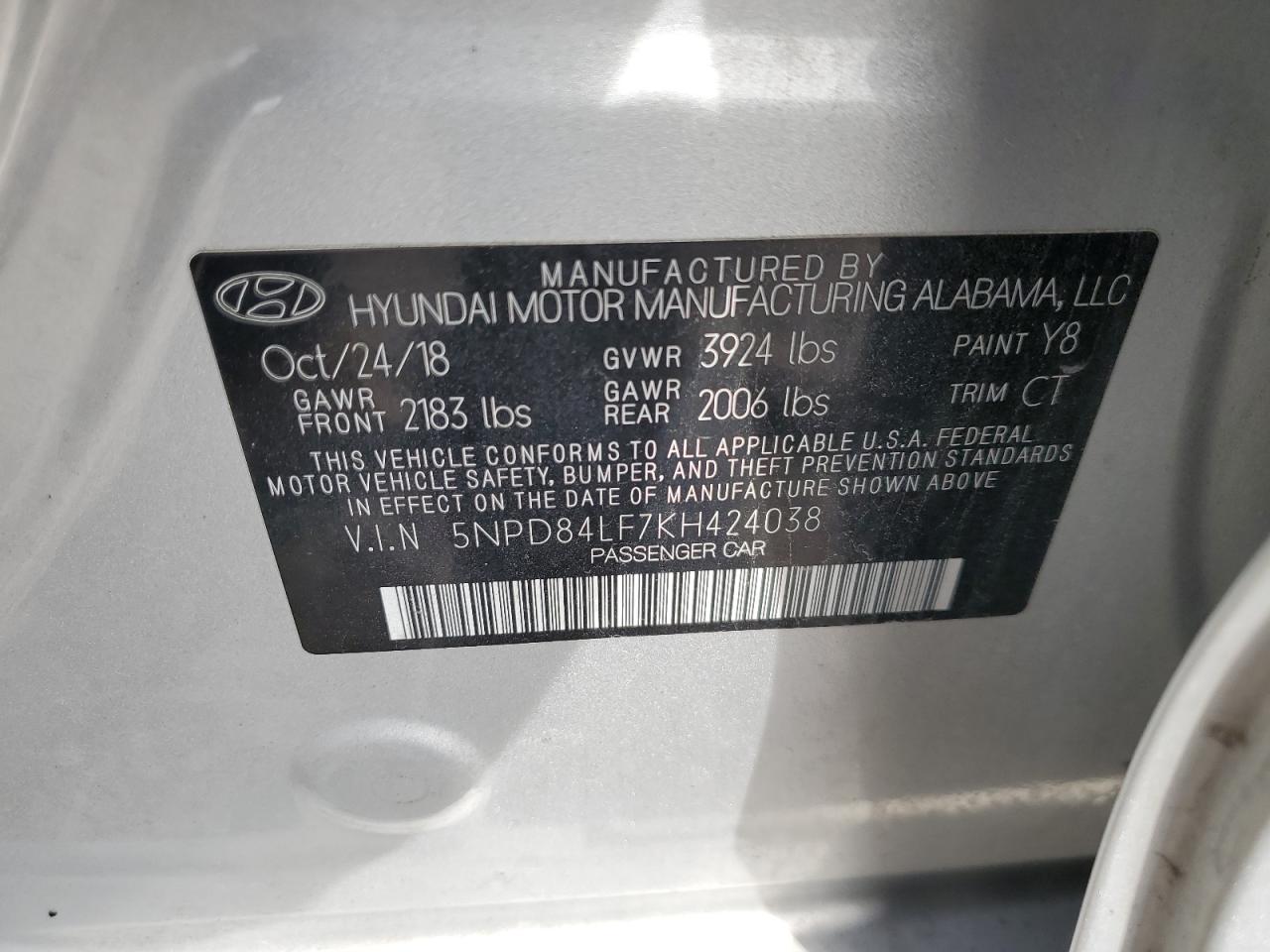 2019 Hyundai Elantra Sel VIN: 5NPD84LF7KH424038 Lot: 72080305