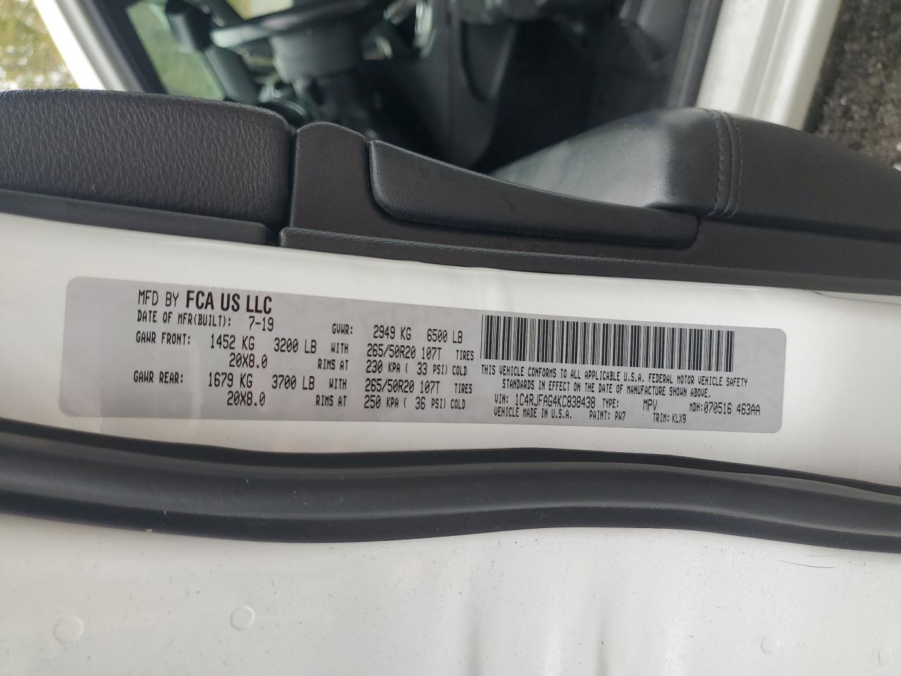 2019 Jeep Grand Cherokee Laredo VIN: 1C4RJFAG4KC838438 Lot: 81594295