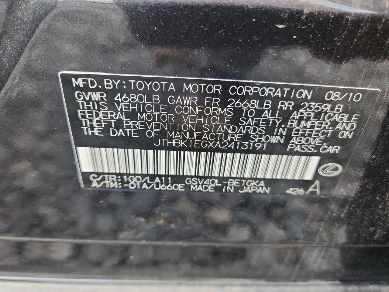 2010 Lexus Es 350 VIN: JTHBK1EGXA2413191 Lot: 81565985