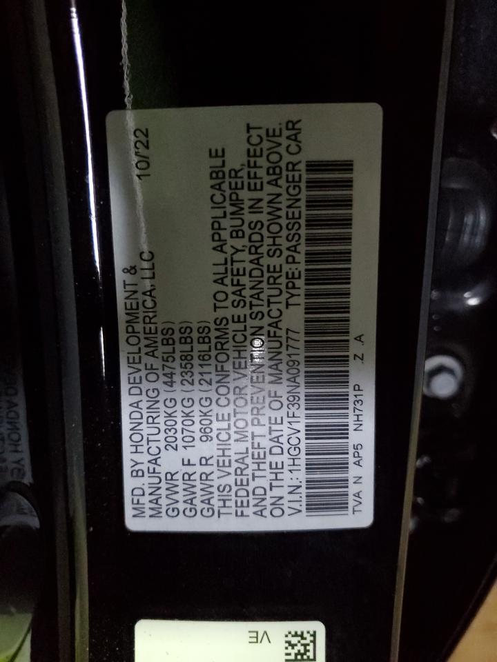 2022 Honda Accord Sport VIN: 1HGCV1F39NA091777 Lot: 83800525