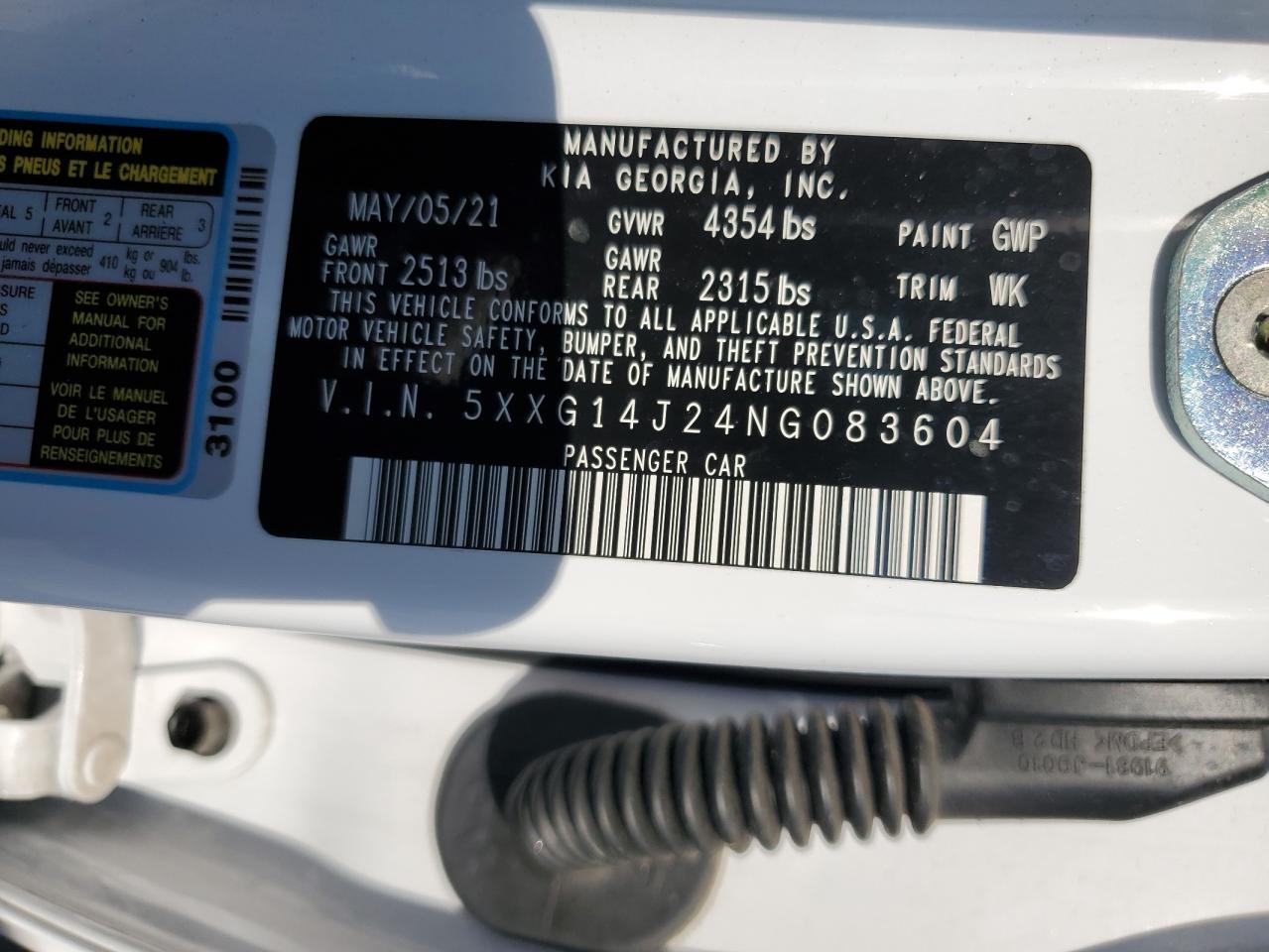 2022 Kia K5 Lxs VIN: 5XXG14J24NG083604 Lot: 84376375