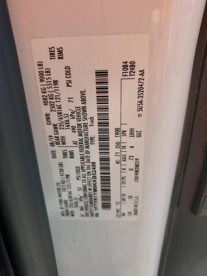 2019 Ford Transit T-250 VIN: 1FTYR1YM9KKB52498 Lot: 80709455