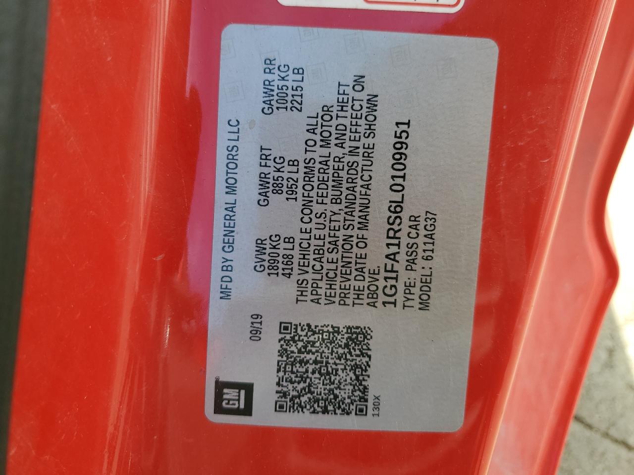 2020 Chevrolet Camaro Ls VIN: 1G1FA1RS6L0109951 Lot: 71008535