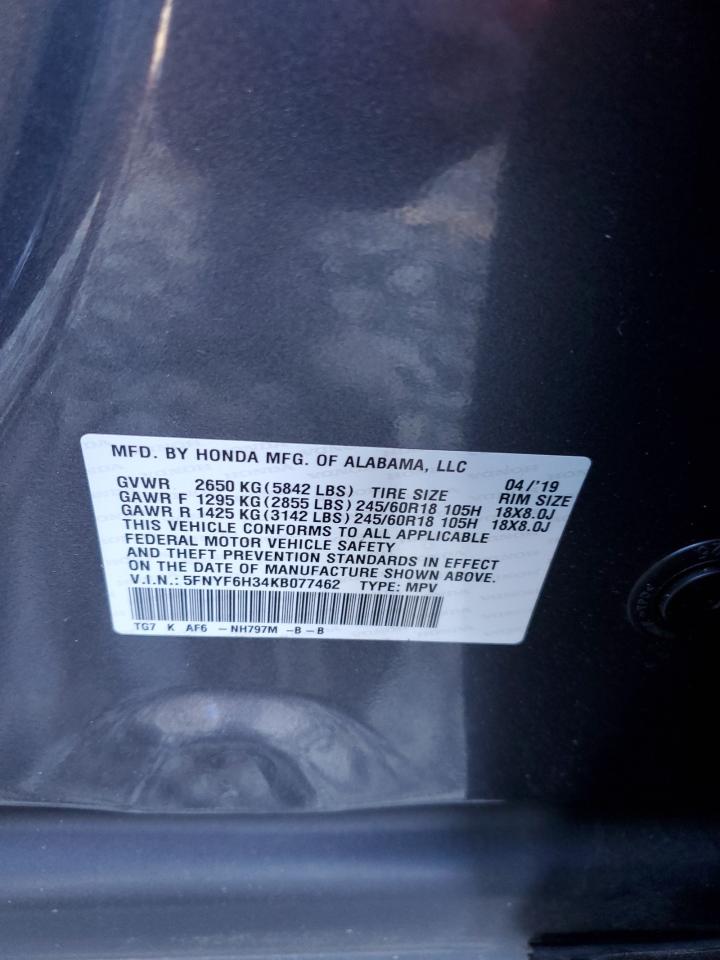 2019 Honda Pilot Ex VIN: 5FNYF6H34KB077462 Lot: 71819905