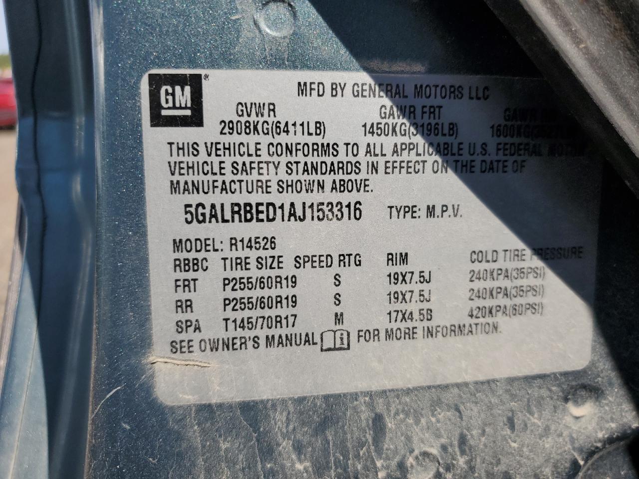 2010 Buick Enclave Cxl VIN: 5GALRBED1AJ153316 Lot: 80067005