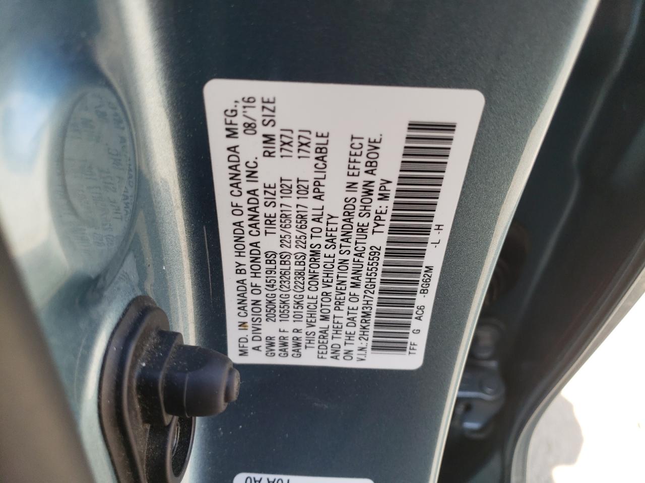 2016 Honda Cr-V Exl VIN: 2HKRM3H72GH555592 Lot: 71252895