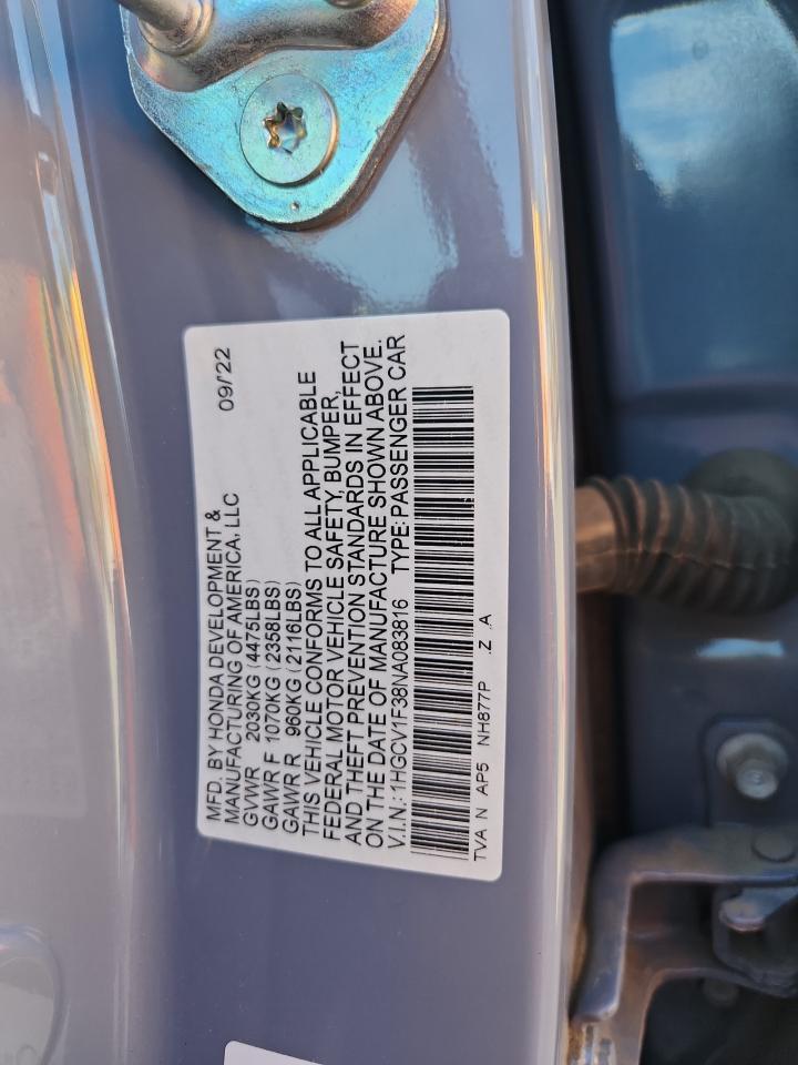 2022 Honda Accord Sport VIN: 1HGCV1F38NA083816 Lot: 81338225