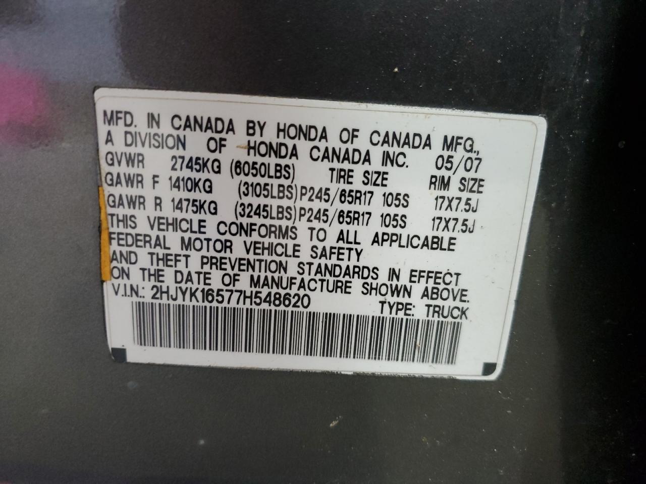 2007 Honda Ridgeline Rtl VIN: 2HJYK16577H548620 Lot: 70978885