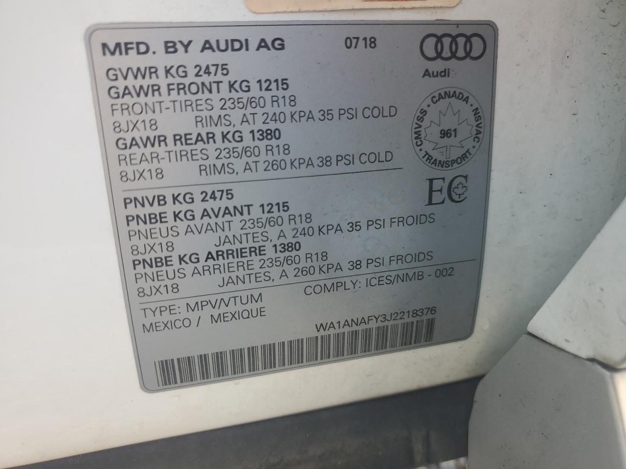 2018 Audi Q5 Premium VIN: WA1ANAFY3J2218376 Lot: 71946055