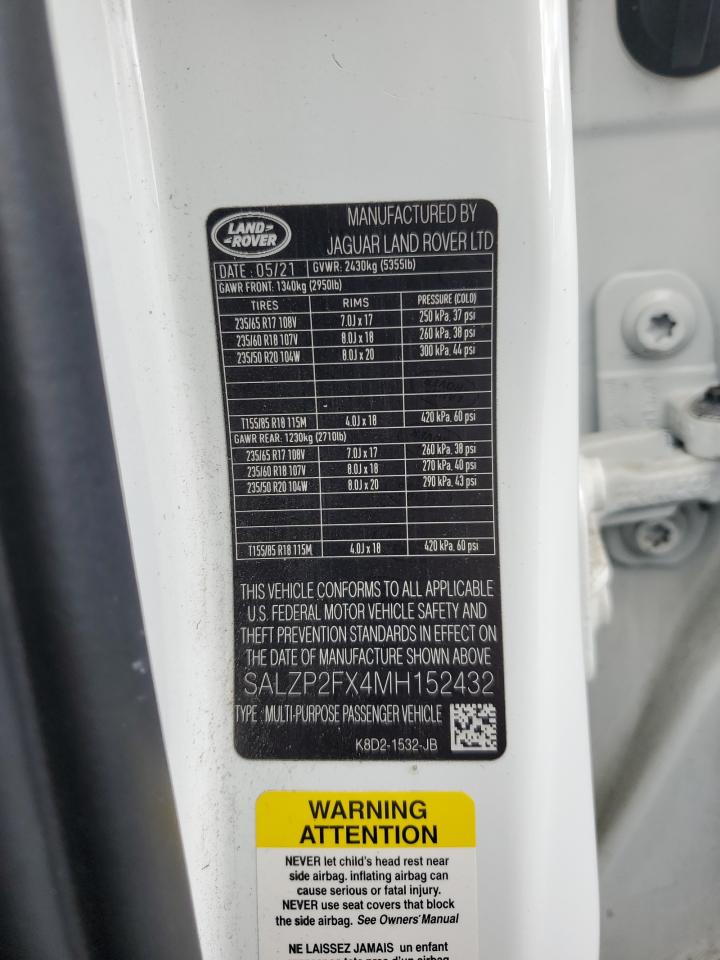 2021 Land Rover Range Rover Evoque Se VIN: SALZP2FX4MH152432 Lot: 80899385