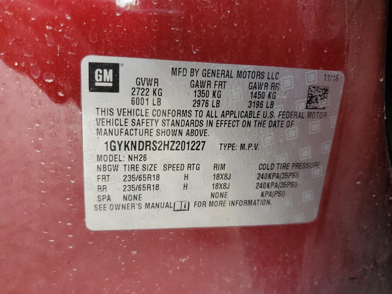 2017 Cadillac Xt5 Luxury VIN: 1GYKNDRS2HZ201227 Lot: 71974245