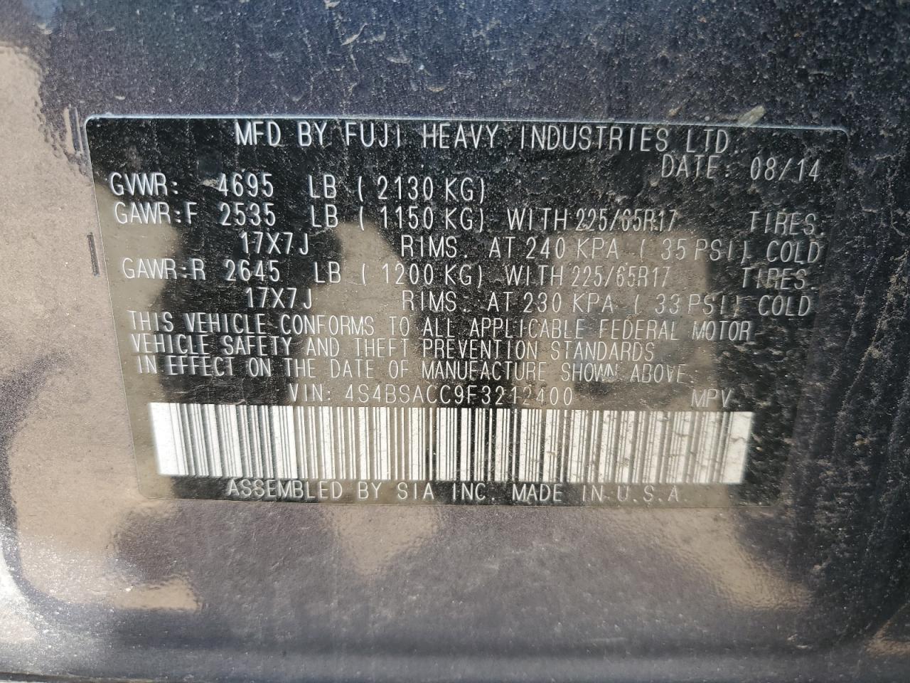 2015 Subaru Outback 2.5I Premium VIN: 4S4BSACC9F3212400 Lot: 71198135