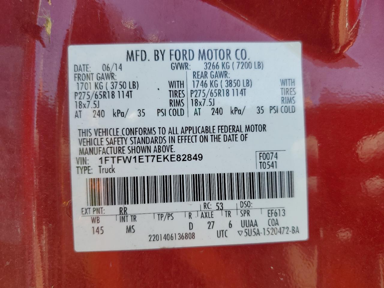 2014 Ford F150 Supercrew VIN: 1FTFW1ET7EKE82849 Lot: 82172545