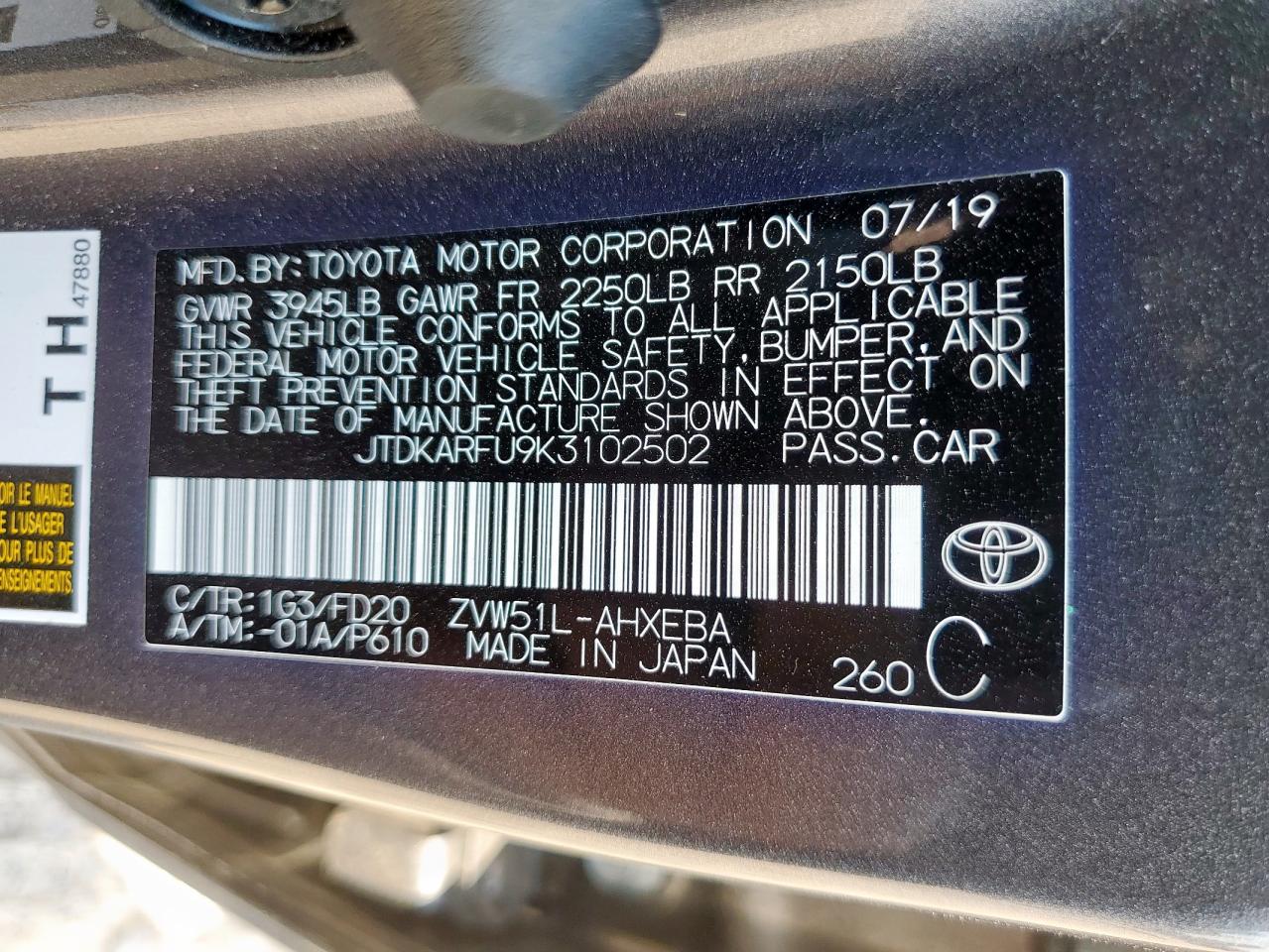 2019 Toyota Prius VIN: JTDKARFU9K3102502 Lot: 83986435