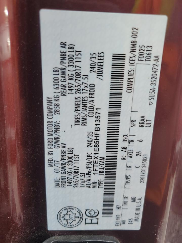 2017 Ford F150 Super Cab VIN: 1FTEX1E85HFB13571 Lot: 71989445