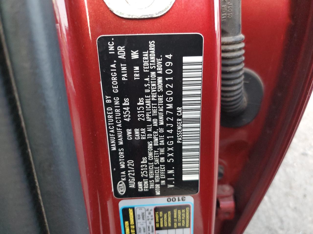 2021 Kia K5 Lxs VIN: 5XXG14J27MG021094 Lot: 80755245