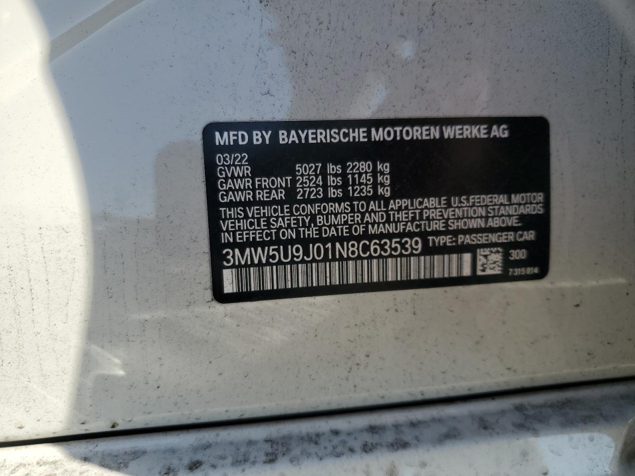 2022 BMW M340Xi VIN: 3MW5U9J01N8C63539 Lot: 71839485