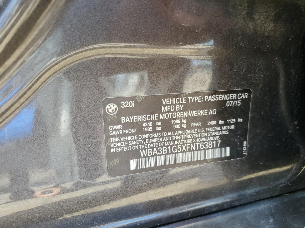 2015 BMW 320 I VIN: WBA3B1G5XFNT63817 Lot: 84035655