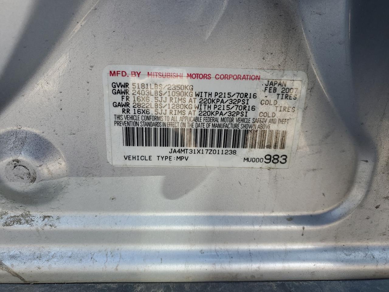 2007 Mitsubishi Outlander Ls VIN: JA4MT31X17Z011238 Lot: 81832635